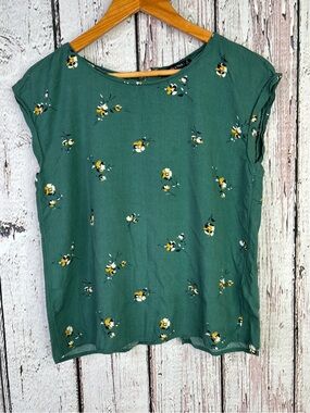 Abercrombie & Fitch Green Floral Lightweight Blouse Button Back Small Cap Sleeve